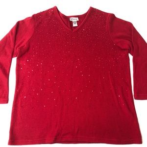 Avenue Women’s Red VNeck Sweater w/ Sequin & Beads